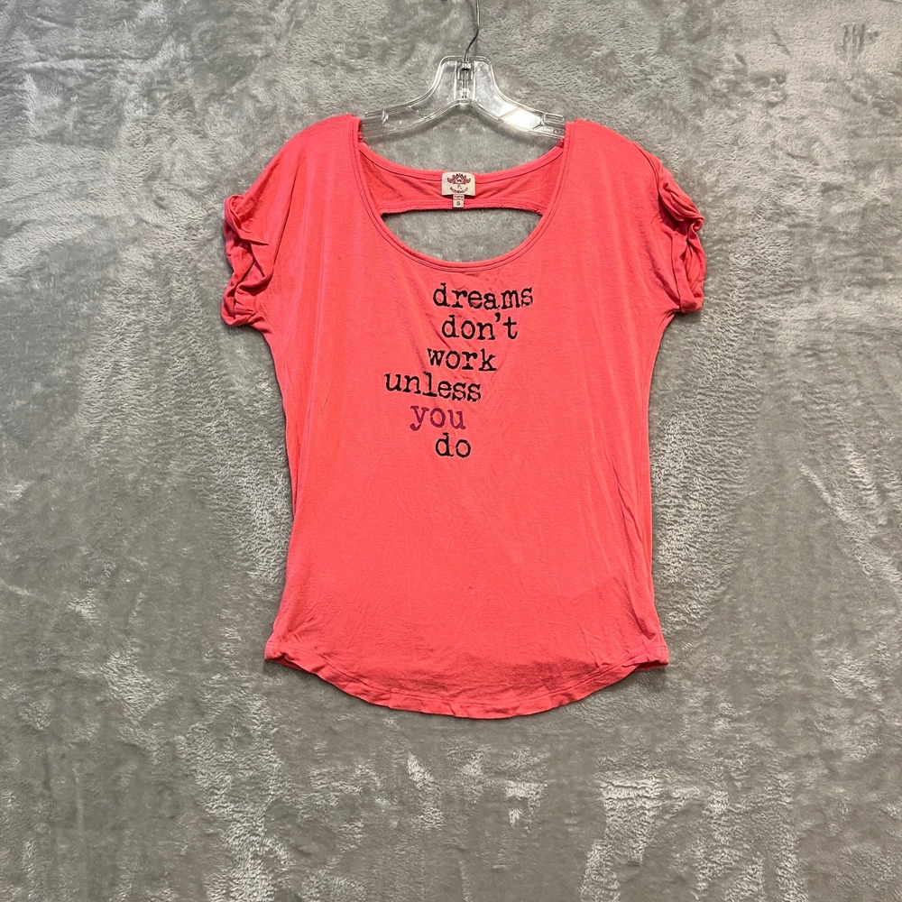 PL Movement Graphic Tee Womens Small Coral Pink Dreams Dont Work Cutout Back